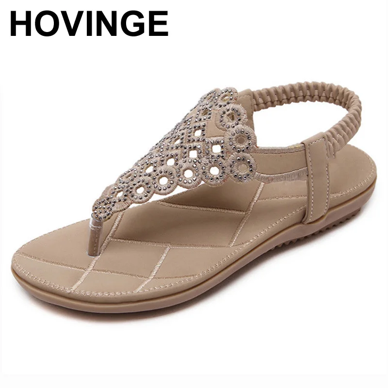 

HOVINGE женские босоножки Эластичная лента флип-флоп Новая женская обувь горный хрусталь, сандалии на плоской подошве, без шнуровки, пляжная об...