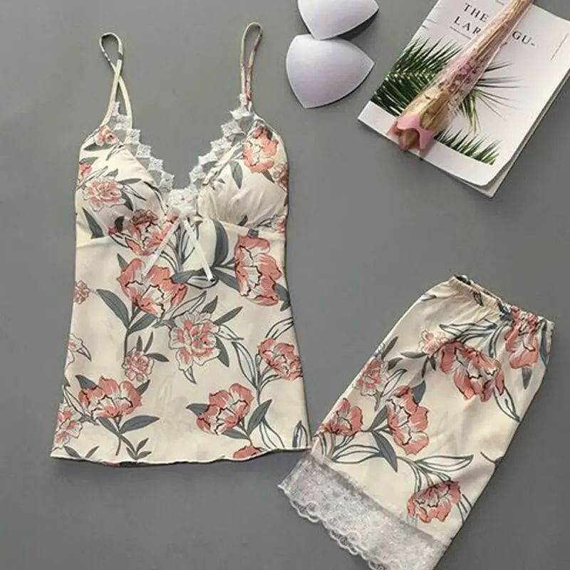 

2pcs Fashion Women Sexy Satin Lace Sleeveless Sleepwear Babydoll Print Lingerie Nightdress Pajamas Set