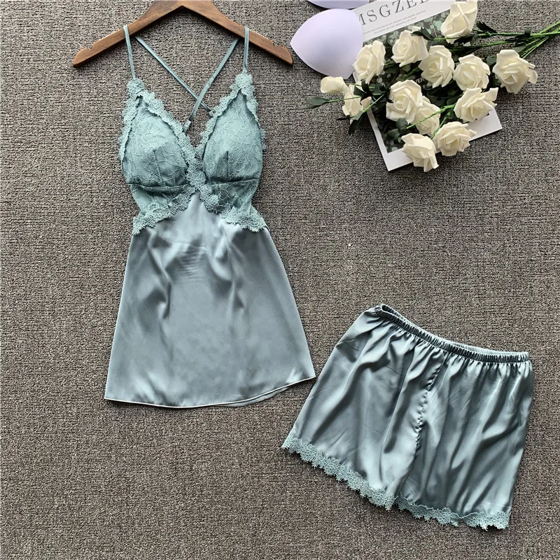

Ladies Sexy Silk Satin Sleepwear Sleeveless Pyjama V-neck Pyjama Floral Pajama Set Sleepwear Lace Nightwear For Women