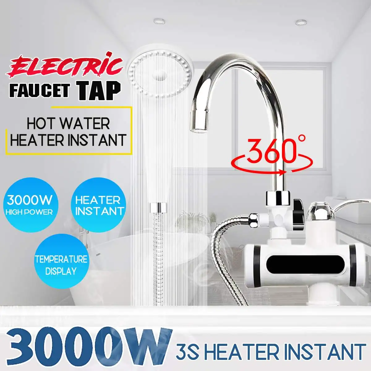 

3000W Instant Electric Faucet Tap 220V Hot Water Heater Stainless Steel LED Display Rotatable Bathroom Kitchen Showerhead