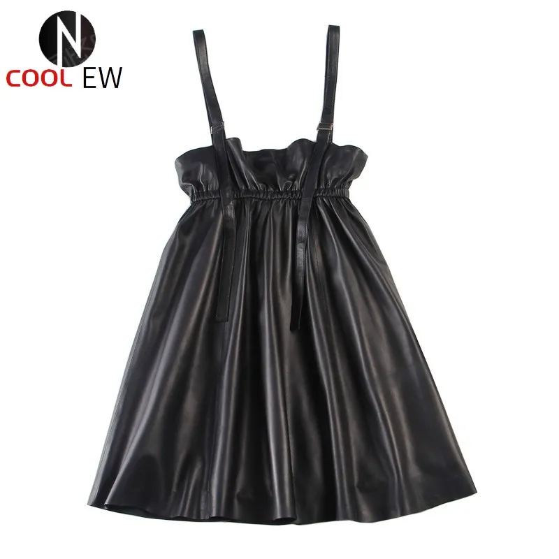 

New Spring Women Black Genuine Leather Real Sheepskin Sleeveless Adjustable Strap High Waist Slim A-Line Dress Robe Female