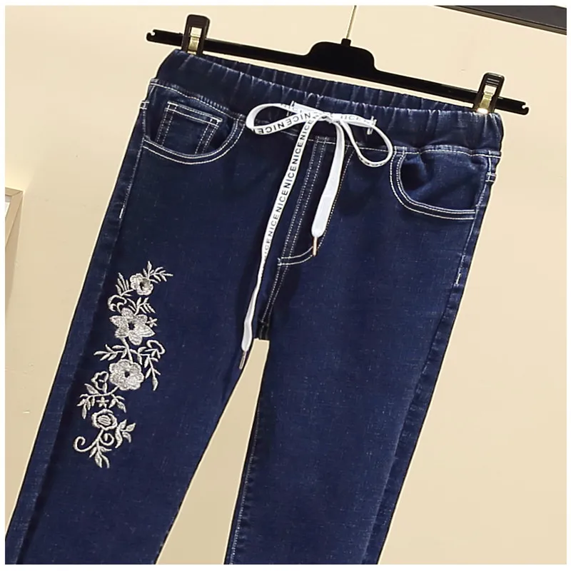 Large size Women Straight Jeans Vintage high waist jeans long Pants Cowboy embroidery Plus Size Woman Streetwear | Женская одежда