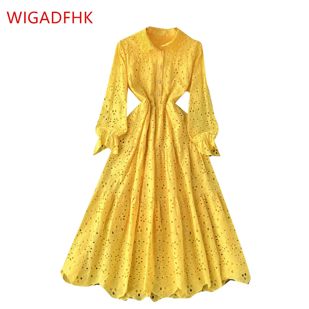 

New Summer Elegant Women Casual High Waist Single Breasted Vintage Dress Sweet Turn-down Collar Hollow Out Embroidery Dress