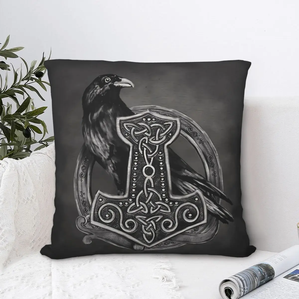 Mjolnir The Hammer Of Thor And Raven Pillowcase Viking Norse Mythology Backpack Cushion For Sofa Throw Pillow Case Decorative