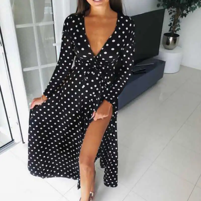 

2021 Women Polka Dot High Split Dress Summer Sexy V-neck Beach Boho Dress Short Sleeve Sashes Maxi Long Dresses Plus Size S-3XL