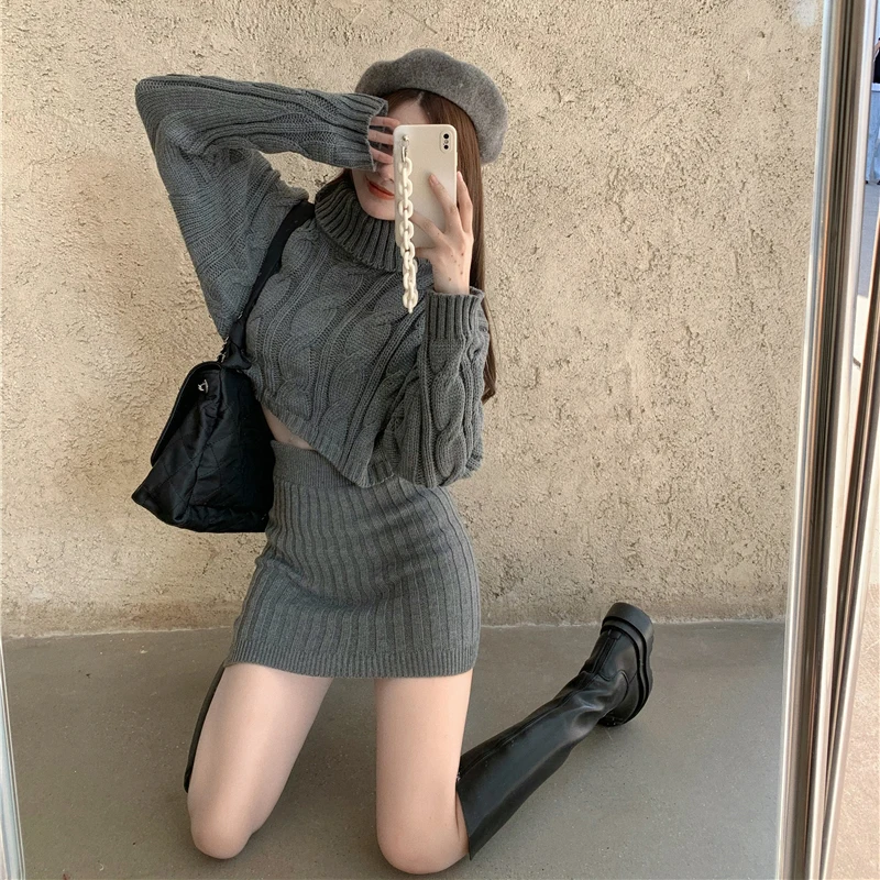 

Lucyever 2021 Spring New 2 Pieces Sets Women Fashion Twist Knitted Turtleneck Navel Sweaters Woman High Waist Hip Skirt Female