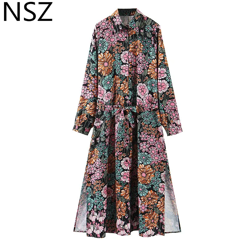 NSZ женское цветочное длинное платье с принтом длинный рукав отложной воротник