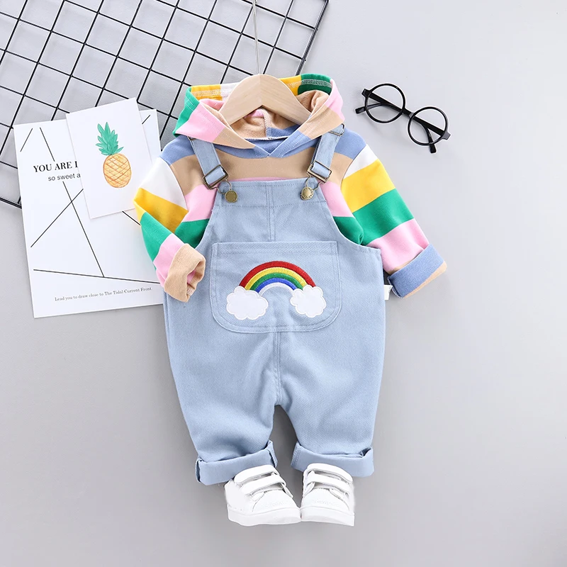 

Cute Girls Clothes Autumn Outfits Long Sleeve Striped Hoodie Sweatshirt+Strap Trousers Casual Sets