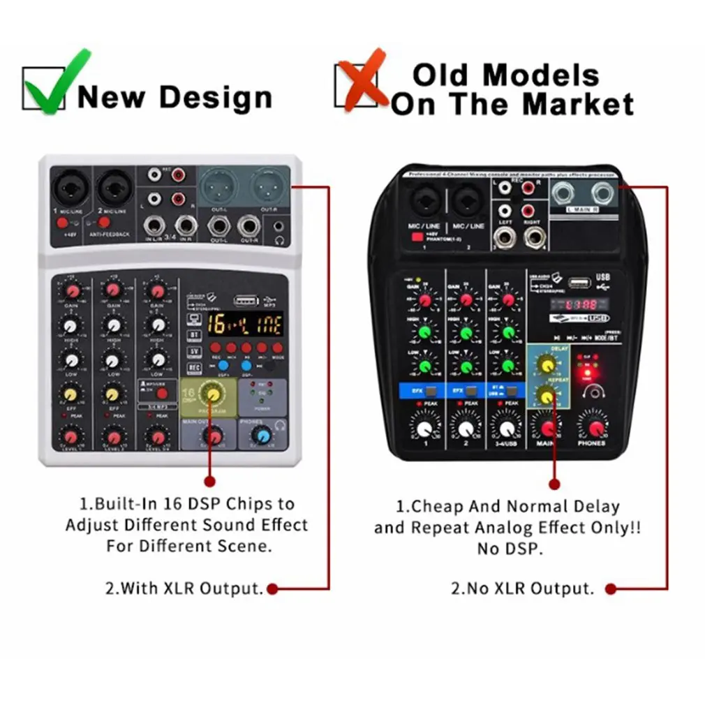 

4 Channels Audio Sound Mixer Mixing DJ Console USB with 48V Phantom Power 16 DSP Effects for PC Recording Singing Free shipping