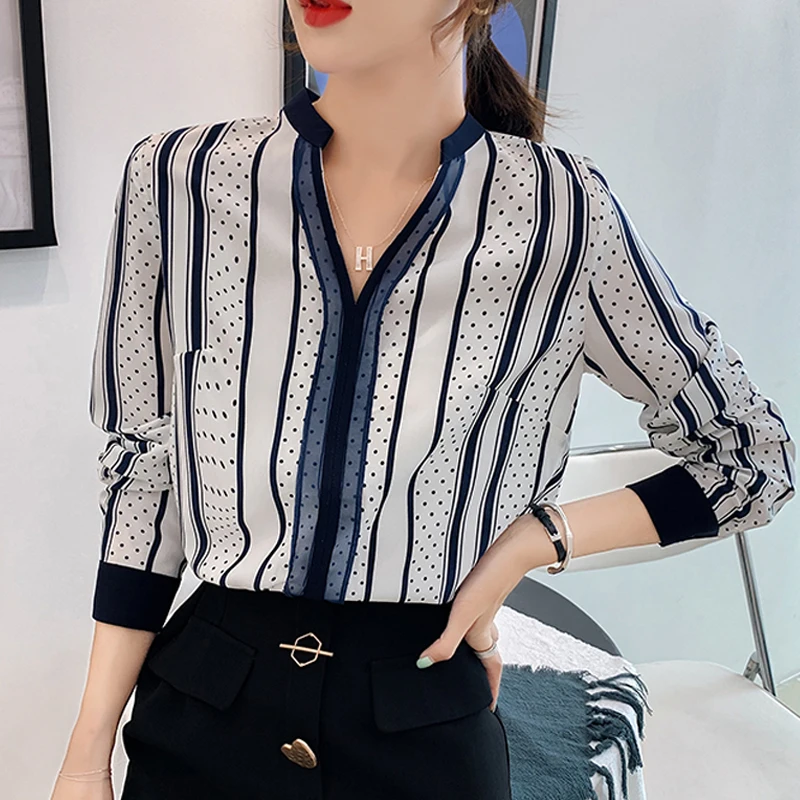 2020 шикарные полосатые женские модные Осенние Синие шифоновые офисные Топы с