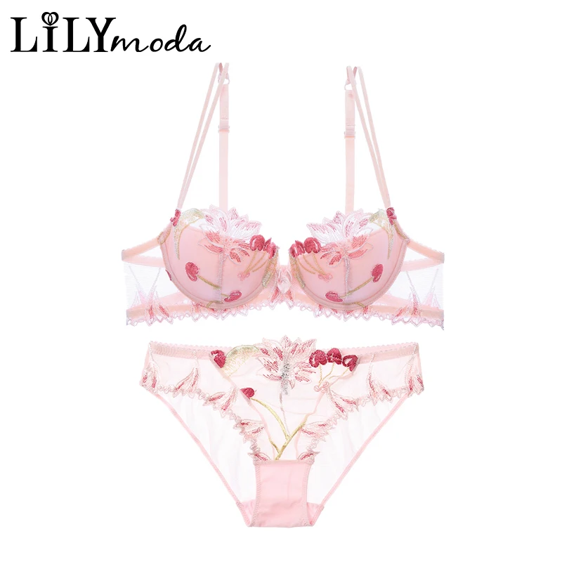 LILIMODA, женский сексуальный удобный тонкий хлопковый бюстгальтер, наборы бюстгальтеров, Цветочная кружевная вышивка, нижнее белье на косточках, нижнее белье розового цвета