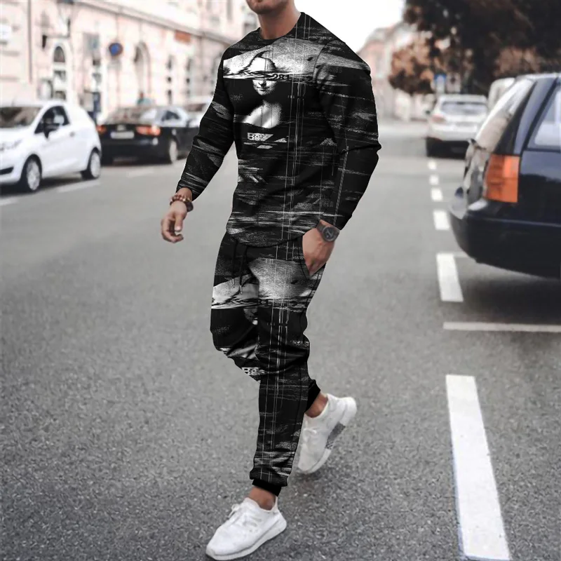 

2021 New Men's Fashion T-shirt + trousers Two-piece Men's Casual Jogging Sportswear Fitness Suit Running Suit