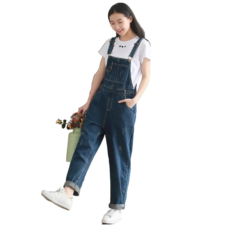 

2021 Retro washed denim straps wide-legged slacks denim jumpsuit with buckles pockets wholesale