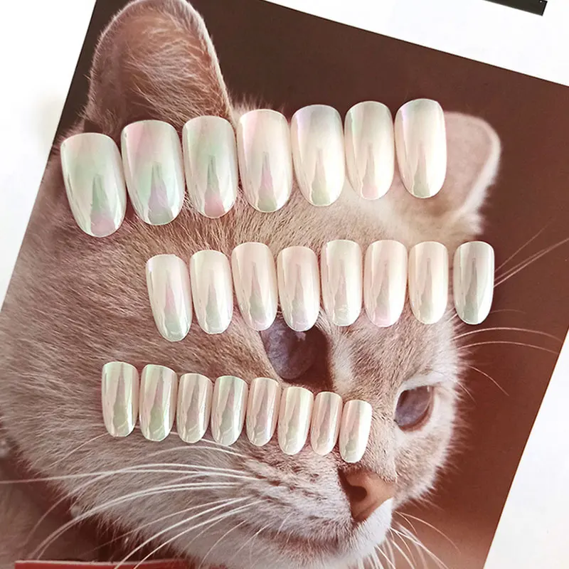 

24Pcs Aurora Fake Nails Ballerina Mermaid Pearl Full Cover Nail Pree On Nails Almond False Nail Manicure Tools Nails Extension