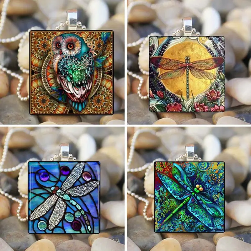 Окрашенная Сова голубое насекомое стрекоза стеклянный кулон ожерелье