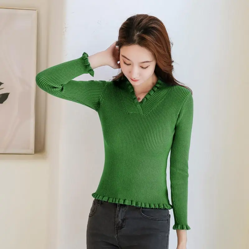 

2021 Autumn And Winter New Fashion Fungus V-neck Slim-fit Knitted Jacket Pullover Base Long-sleeved Sweater Women