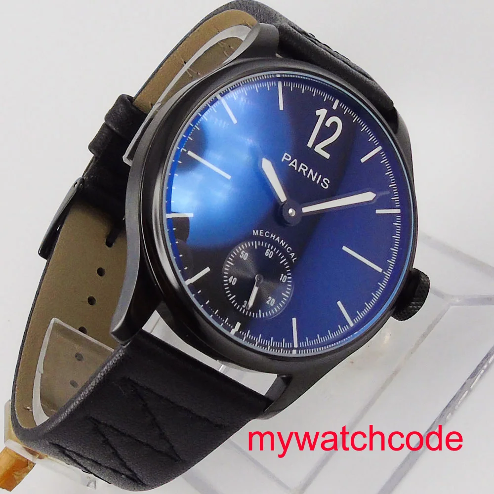 44 мм Parnis синий циферблат черный кожаный ремешок из нержавеющей стали чехол для