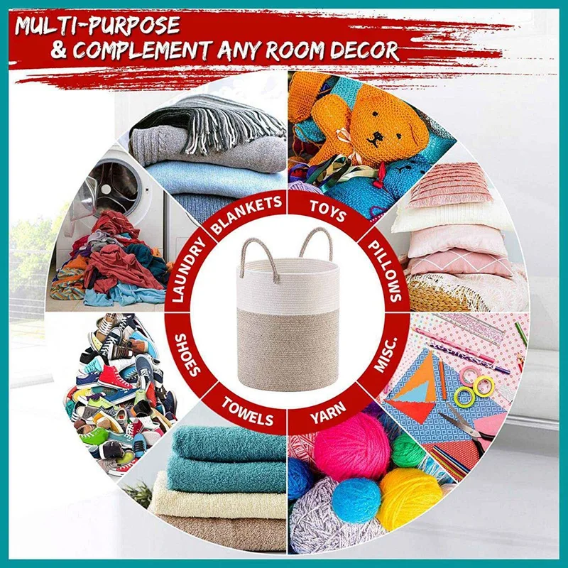 

Decorative Woven Cotton Rope Basket, Tall Laundry Basket/Hamper, Blanket Basket for Living Room