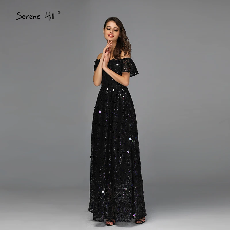 Черное расшитое блестками ТРАПЕЦИЕВИДНОЕ сексуальное платье для выпускного вечера с открытыми плечами и короткими рукавами, платье для выпускного вечера, дизайнерское платье Serene hilm BQA8044