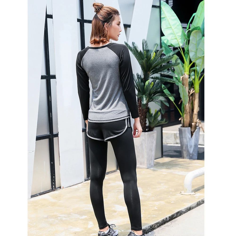 Женский спортивный костюм с бюстгальтером пуш-ап комплект из футболки длинным