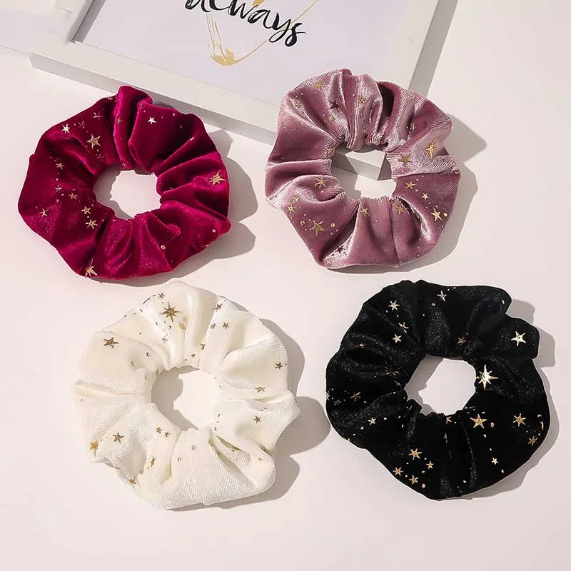 

1Pcs Woman Fashion Scrunchies Velvet Hair Ties Girls Ponytail Holders Rubber Band Elastic Hairband Hair Accessories Golden Stars