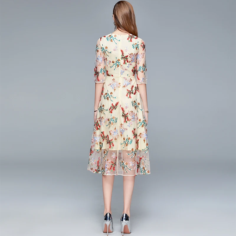 

New Elegant Vintage Women Embroidery Slim Tunic Half Sleeve Dress Lady Evening Party Dresses Clothing Summer Sundress