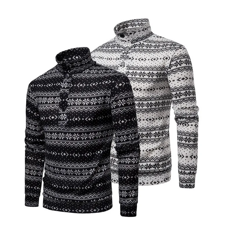 Мужской свитер с принтом снега теплый трикотажный длинным рукавом и высоким