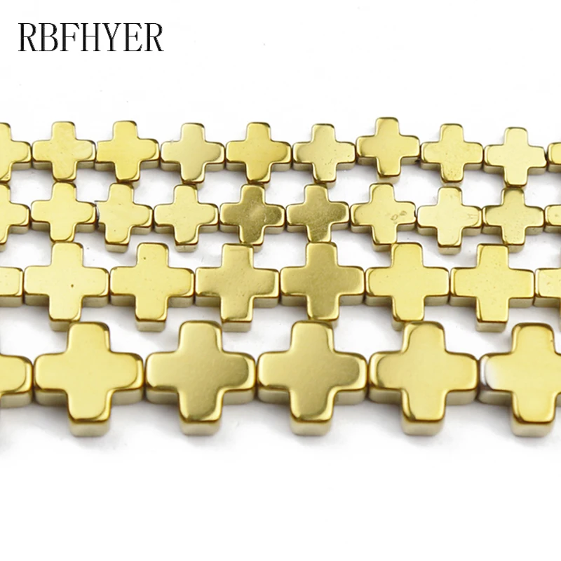 

RBFHYER Gold color Jesus Cross Hematite 6/8/10mm Natural Stone Charm Loose Beads For Jewelry Making Diy Bracelet Accessories