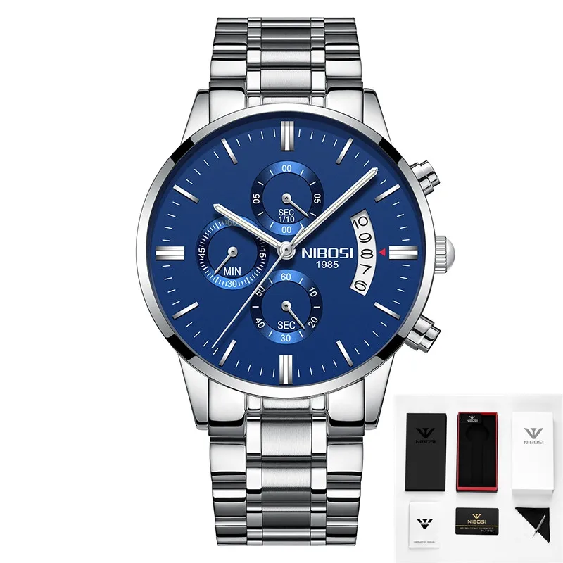 3 with box NIBOSI часы Relogio Masculino люксовый бренд Мужские Хронограф деловые Часы мужские стальные кожаные водонепроницаемые кварцевые наручные часы - Цвет: 3 with box
