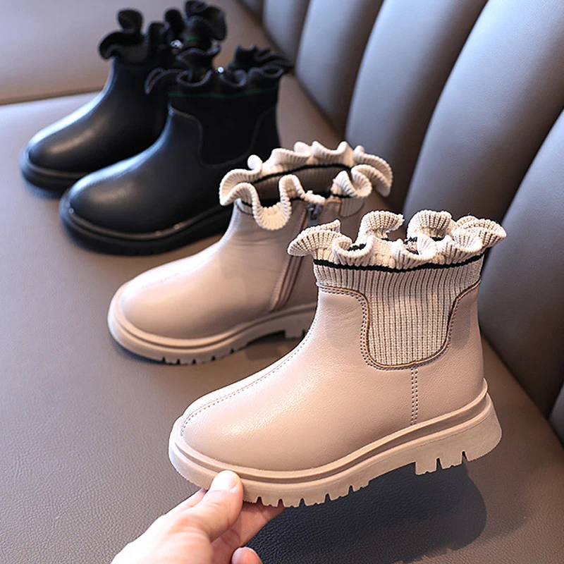 

2020 Flower Girls Boots Autumn/Winter Plush Children Boots Boys Girls Martin Shoes Fashion Brand Soft Leather Warm Kids Boots