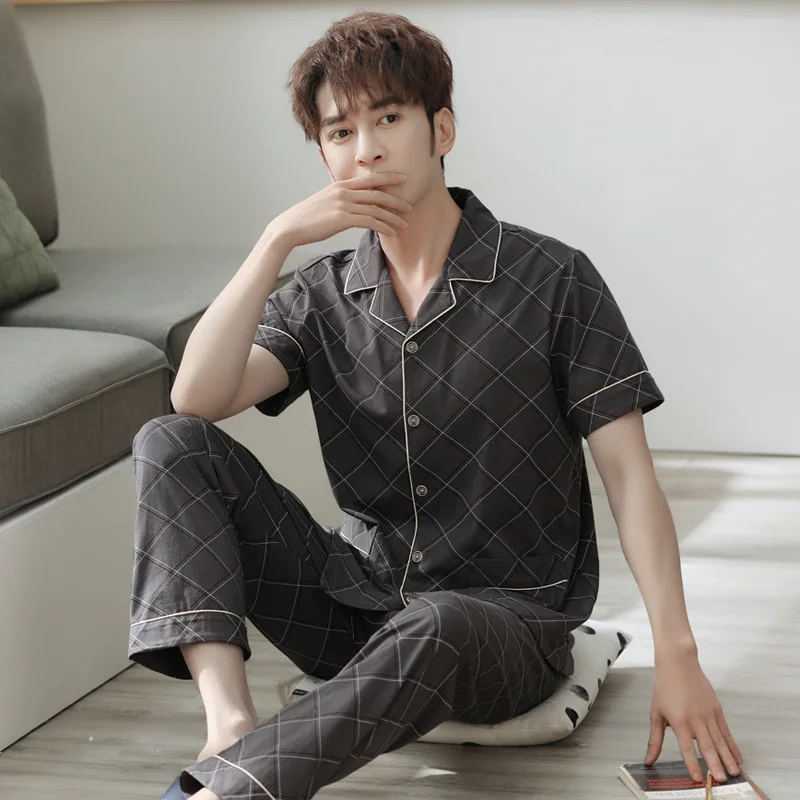 

Pure Cotton Men's Pajamas Summer Thin Short-sleeved Trousers Summer Cotton Home Service Lattice Large Size Suit Men Sleepwear