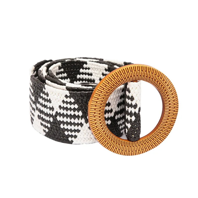 

Vintage Boho Braided Waist Belt Summer Round Wooden Buckle Female Belt Fake Straw Wide Belts For Women