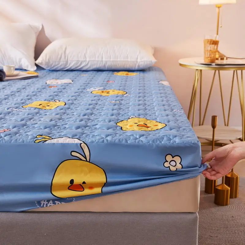 

Quilted Waterproof Queen Size Bed Cover With Elastic Cartoon Duck Pattern Mattress Covers Solid Color Bed Sheet(No Pillowcase)