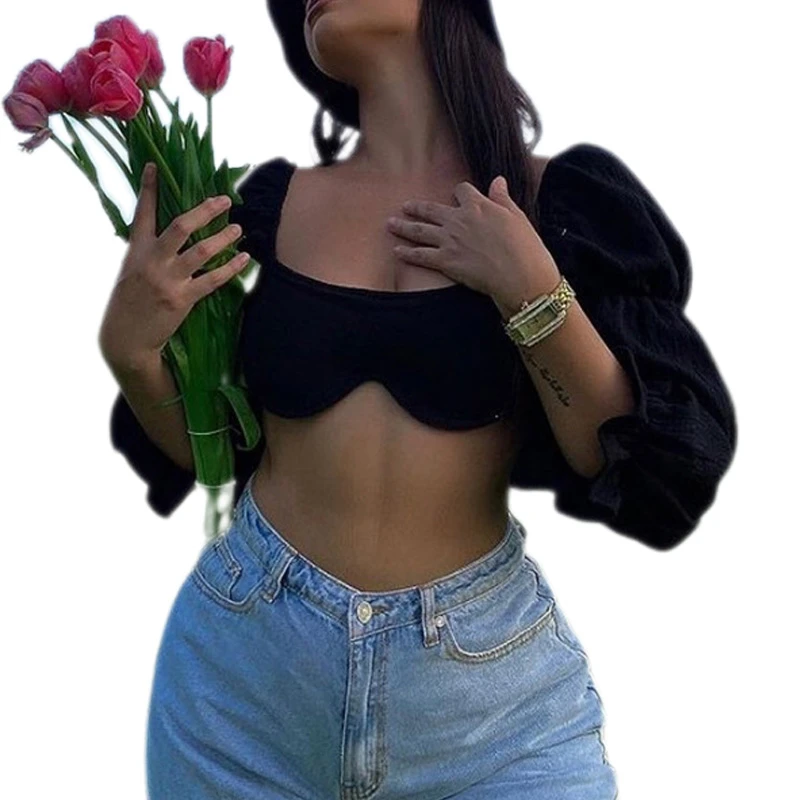 Женский облегающий Топ с длинным рукавом однотонный топ буффами на рукавах весна