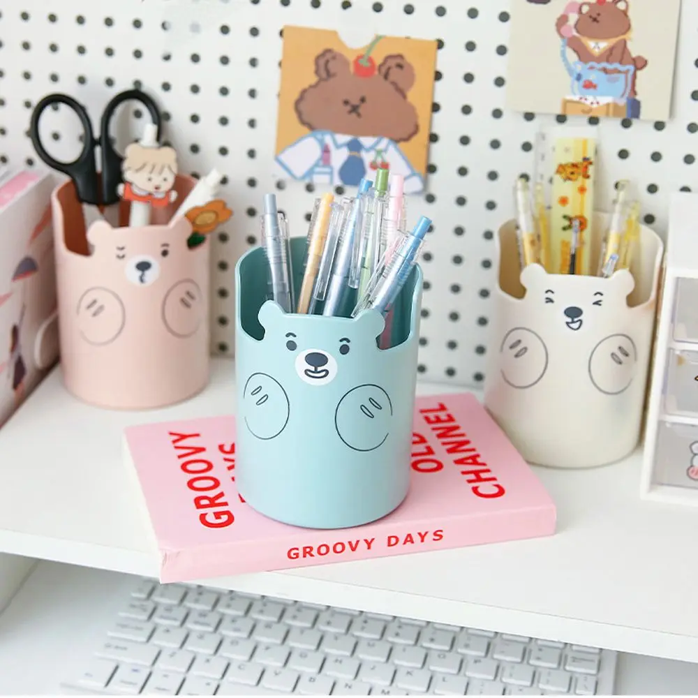 

Multifunctional Plastic Bear Pen Holder Desk Organizer Phone Makeup Brush Holder Stand Cute Stationery Desktop Storage Organizer