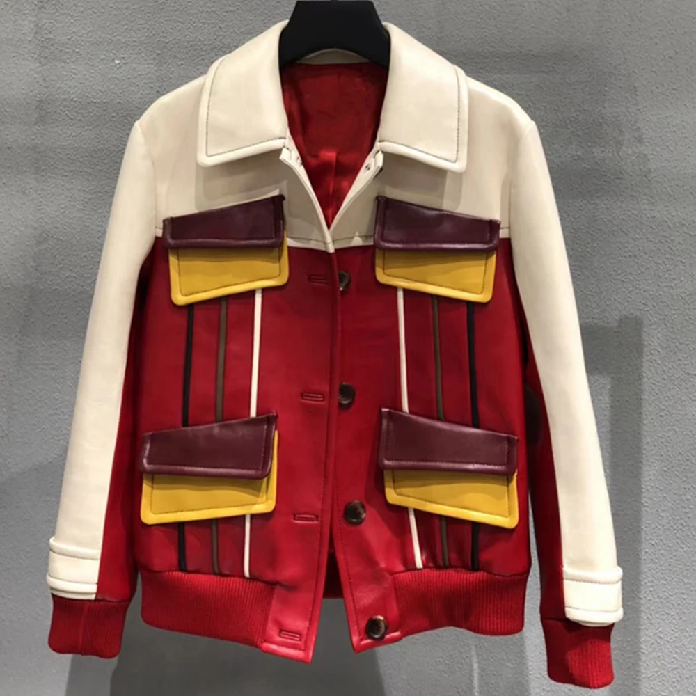 Осень женская кожаная обувь Пальто Повседневное смешивания Цвет однобортный