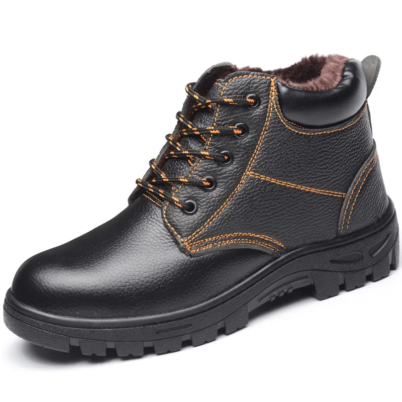 

men casual steel toe covers working safety boots warm fur soft leather tooling shoes worker security ankle botas safe footwear
