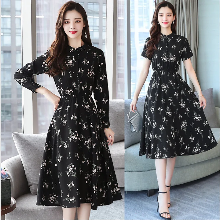 Женское шифоновое платье с коротким рукавом Черное длинное приталенное широкой