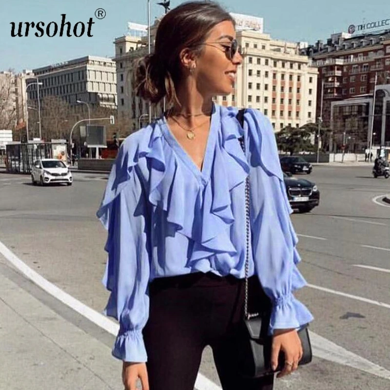 Ursohot, Летняя Сексуальная рубашка с рюшами, Женская офисная блуза с v-образным вырезом, кардиган на пуговицах, шифоновая повседневные кофточки с пышными рукавами, топы, рубашки