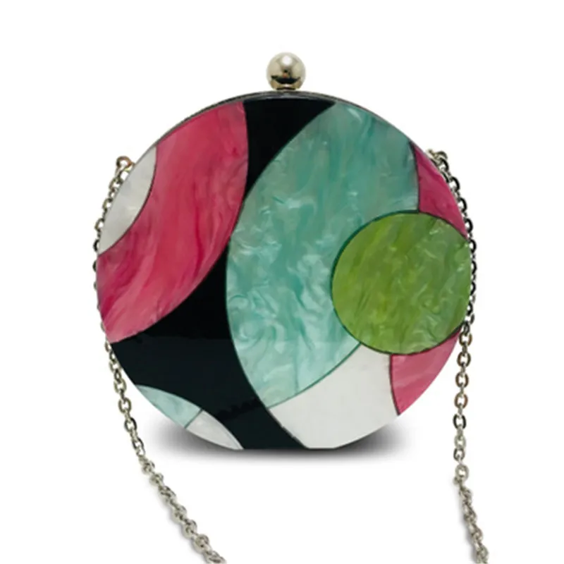 

New Arrival Womens Evening Bag Acrylic Round Shape Crossbody Bag Metal Chains