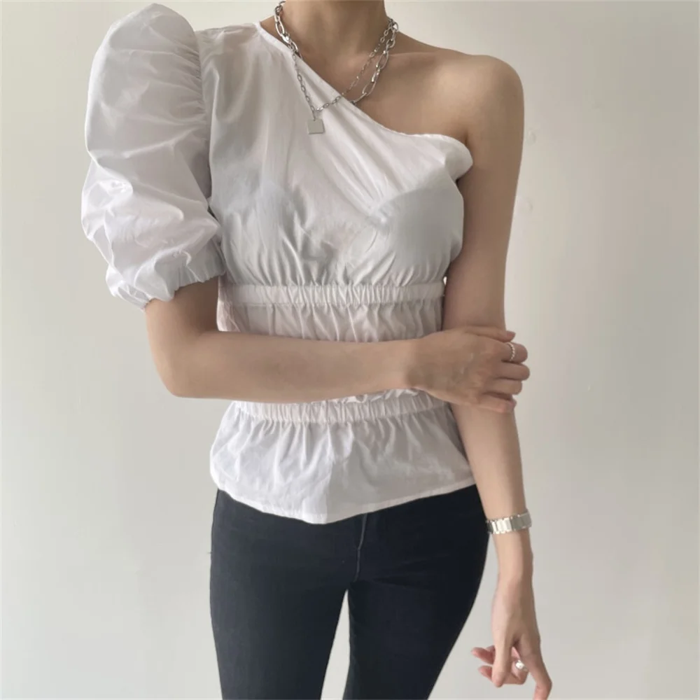 

Alien Kitty Oblique Shoulder Sexy Elastic Summer Solid Tops Blouses All Match 2021 Hot OL New Fashion New Women Slim Shirts