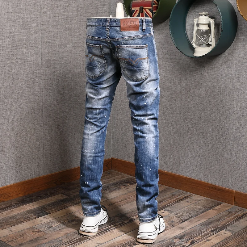 European American Street Fashion Men Jeans Vintage Retro Blue Slim Ripped Jeans Men Printed Designer Hip Hop Denim Punk Pants