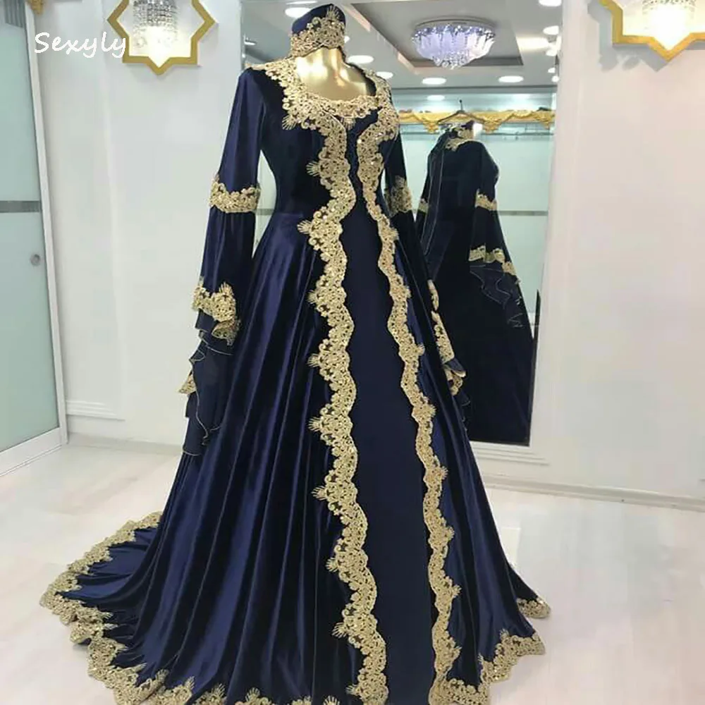 

Elegant Navy Blue Muslim Arabic Evening Dress 2022 Dubai Long Sleeve Prom Dresses Gold Lace Party Gowns Robes De Soirée Mariage