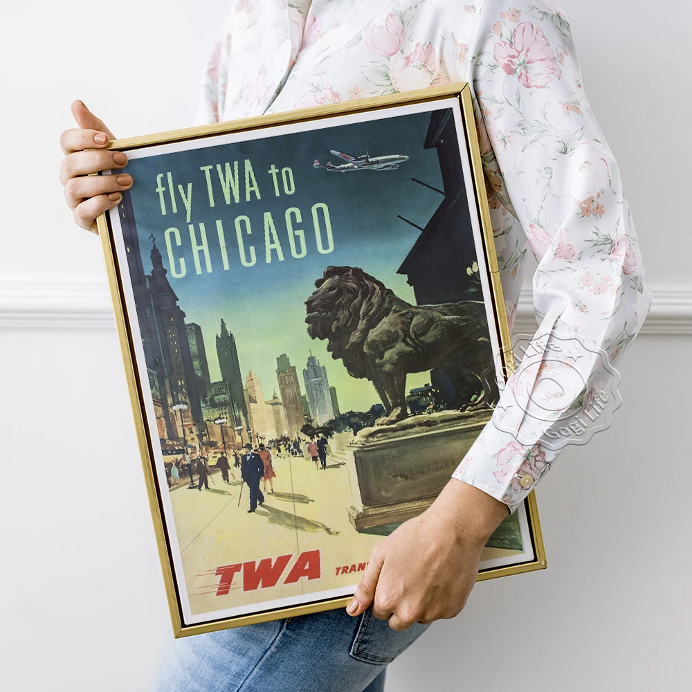 

TWA Trans World Airline Advertising Vintage Art Poster, Fly To Chicago City Scenery Wall Picture, America Landscape Wall Picture