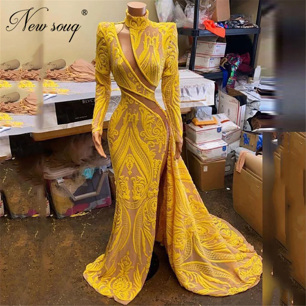 

Vestidos De Festa Yellow Illusion Party Gowns Long Sleeve Turkish Dubai Celebrity Evening Dresses Arabic Mermaid Prom Dress 2020