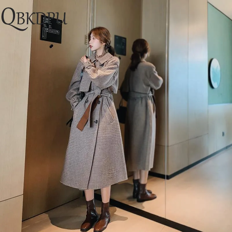 Женское шерстяное пальто в клетку повседневное Свободное длинное большого