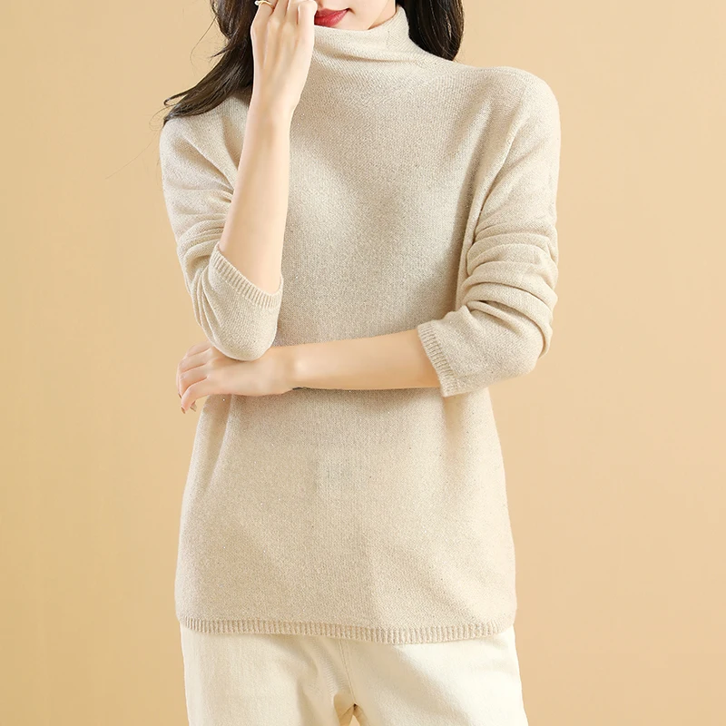 

Light luxury wool sweater women's new autumn high collar Sequin round neck sweater slim long sleeve top