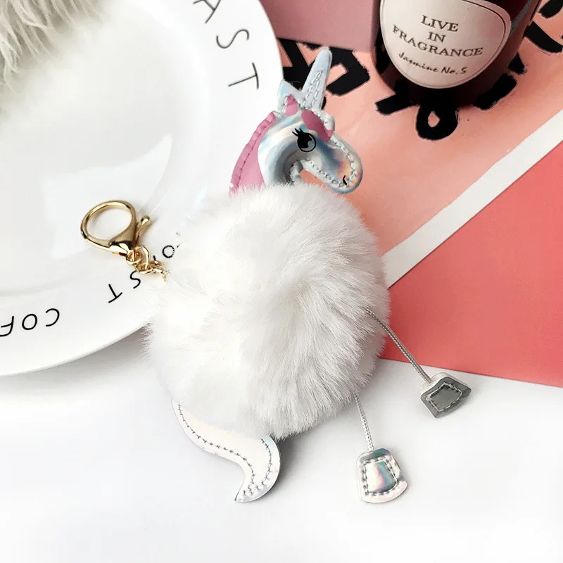 Cute Unicorn pompom Keychain Fluffy Fake Rabbit fur ball Keychains For Women Bag Charm Pendant Fashion Car Keyring Birthday gift | Украшения