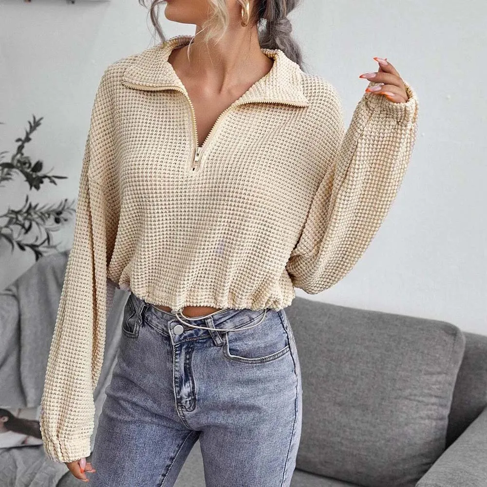 

Women Zipper Half Placket Pullover Long Sleeve Turn Down Collar Drawstring Hem Knitted Tops Ladies Spring Summer Short Pullover