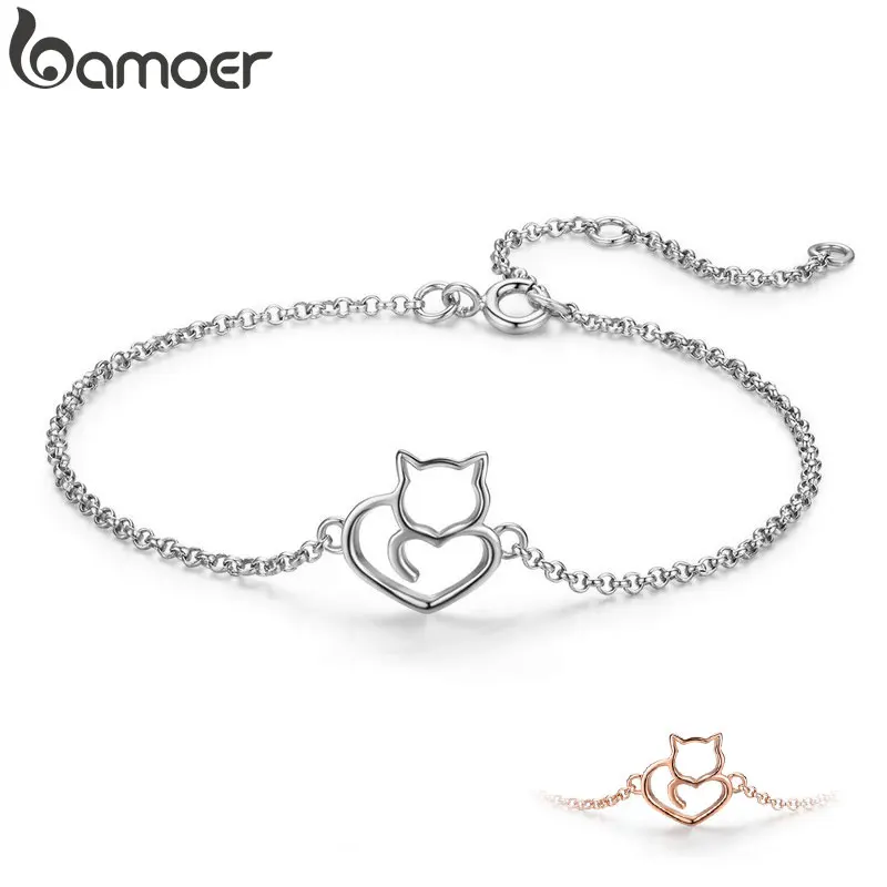 BAMOER 925 пробы Серебряный Кот и сердце звено цепи браслеты и браслеты для женщин подлинные серебряные ювелирные изделия подарок SCB102